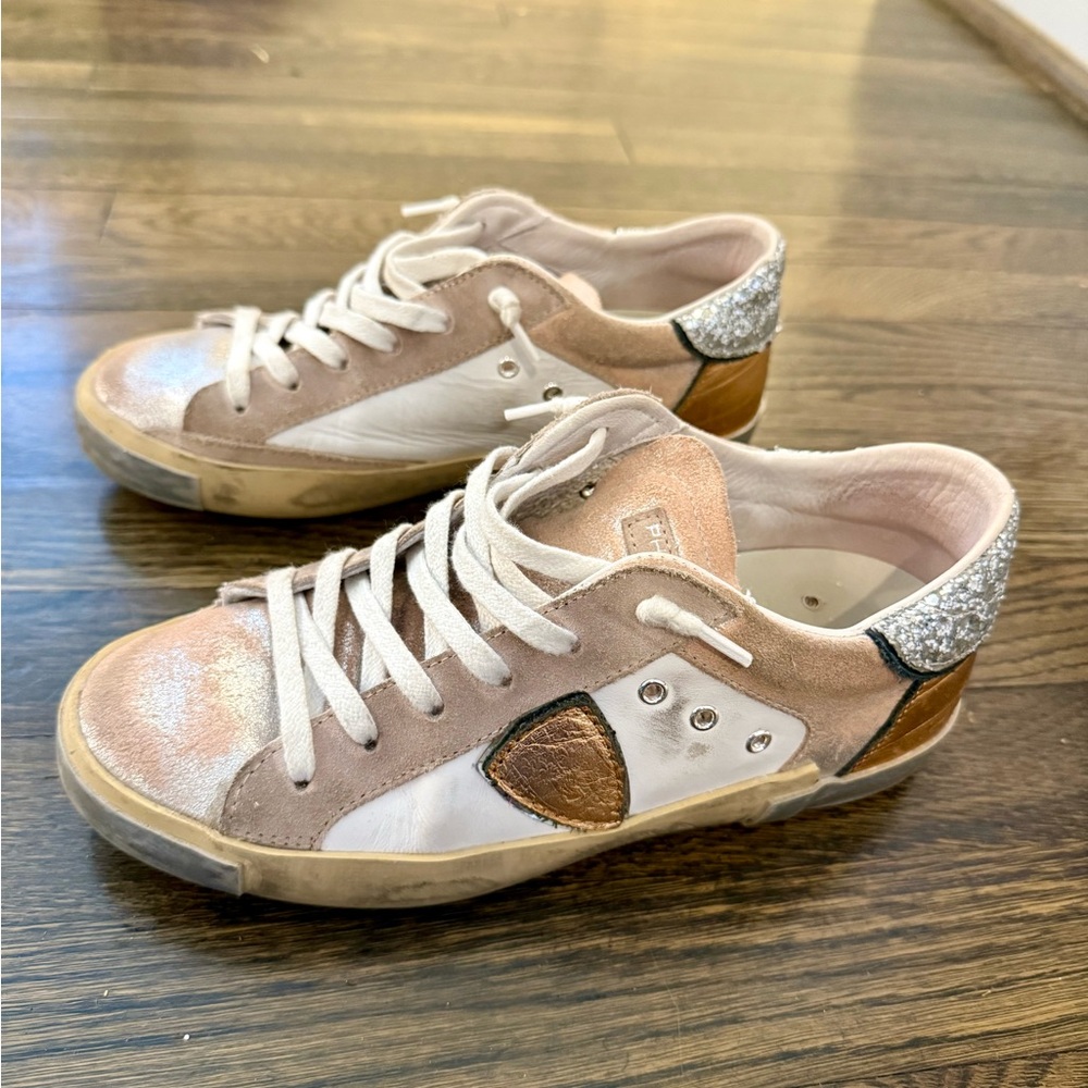 Philippe Model Women's Sneakers in White, Tan, and Silver